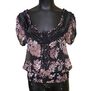American Rag Floral Print Chiffon Top Black Rose